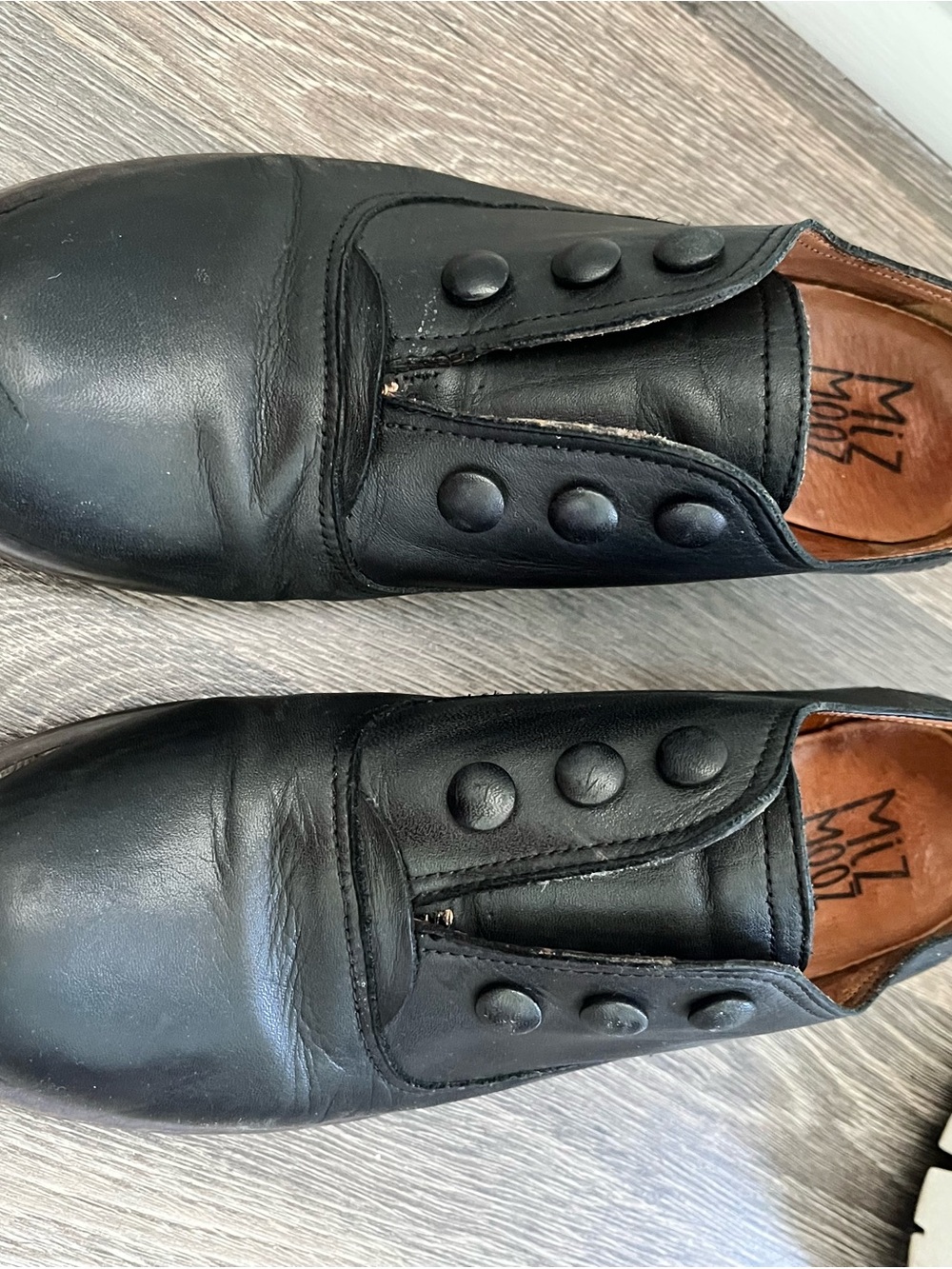 Miz Mooz Black Leather Button-Accent Slip-On Flats